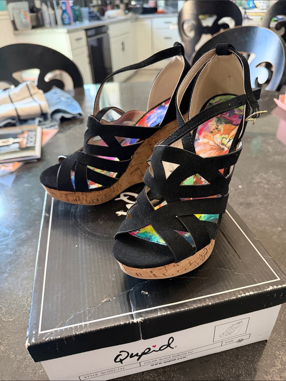 Qupid Black Crisscross Cork Platform Wedge Sandals